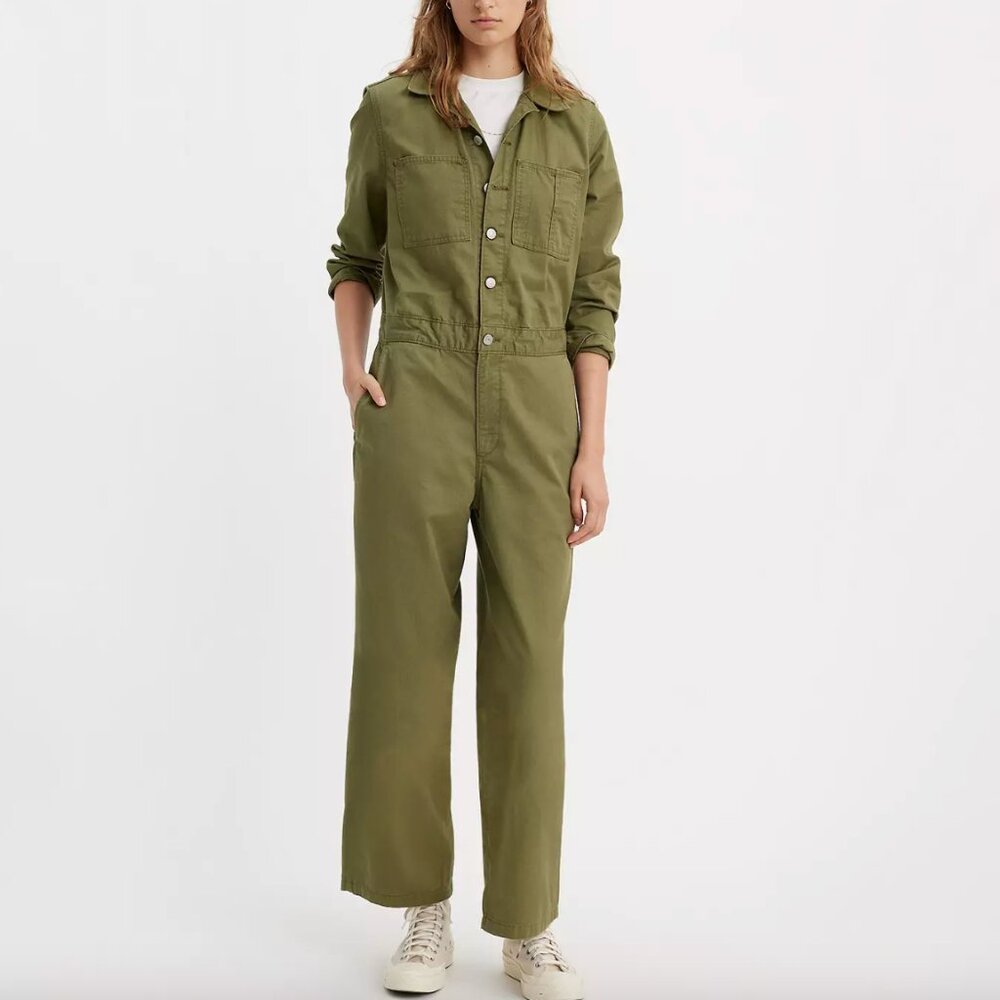 Levi’s Iconic Olive Green Coverall Jumpsuit XS Utility Workwear Button Front